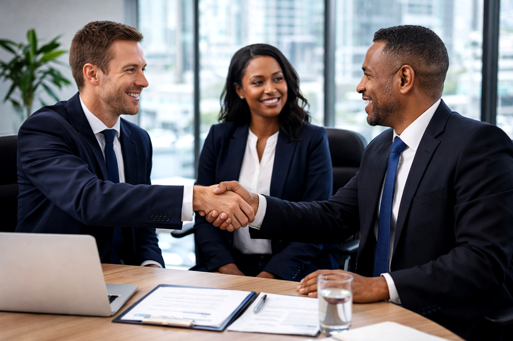 Imagem institucional de reunião e fechamento de negócio